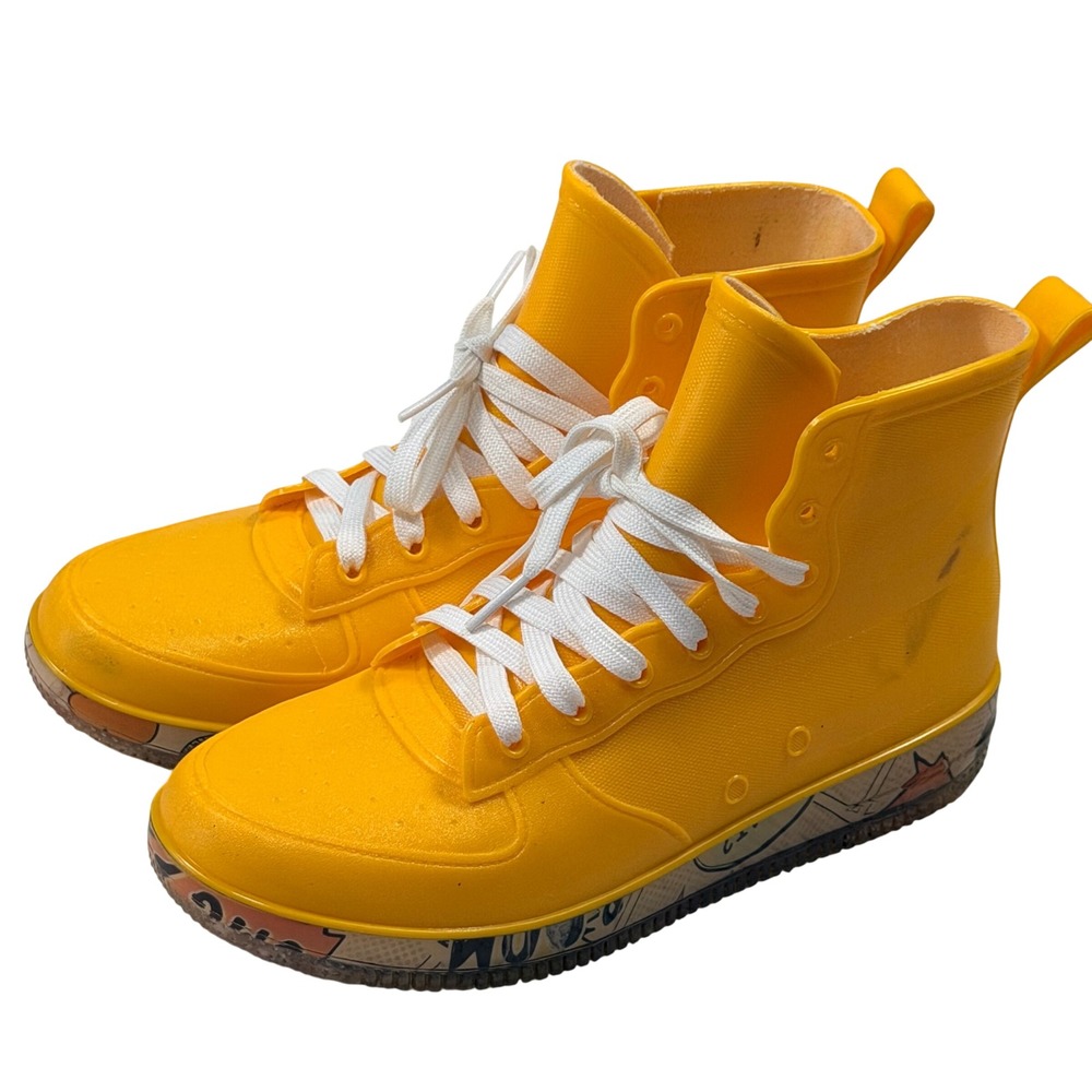 Yellow Rubber Rain Boots Comic Graphic Midsole Lace Up Waterproof Shoes EUC
